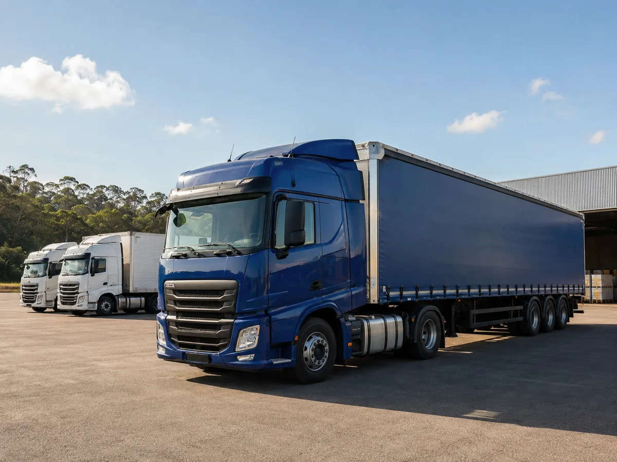 Frota de caminhões com semirreboques estacionada em pátio de empresa de transporte
