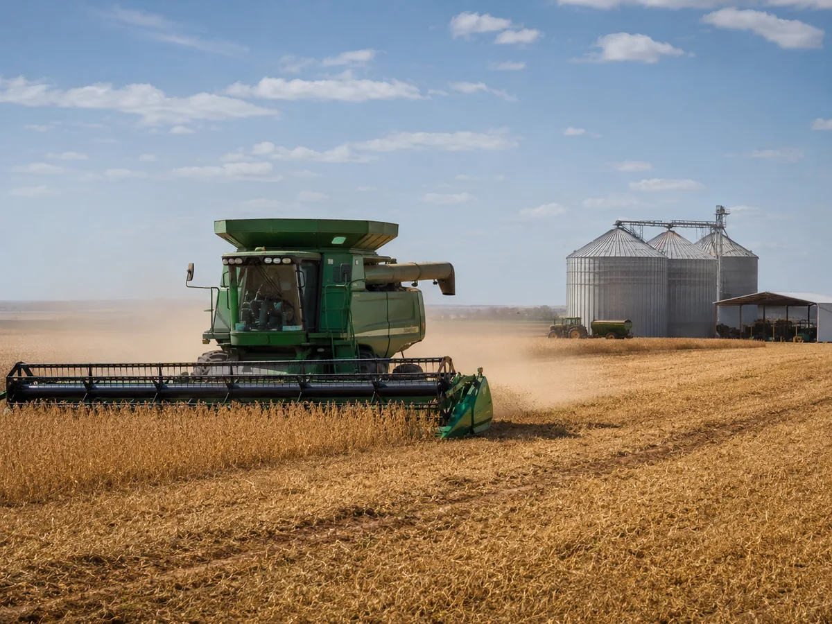Máquina agrícola em lavoura, em operação de campo